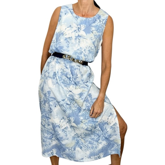 Vintage Dresses & Skirts - Vintage 80s 90s blue white abstract floral sleeveless long maxi shift dress 14